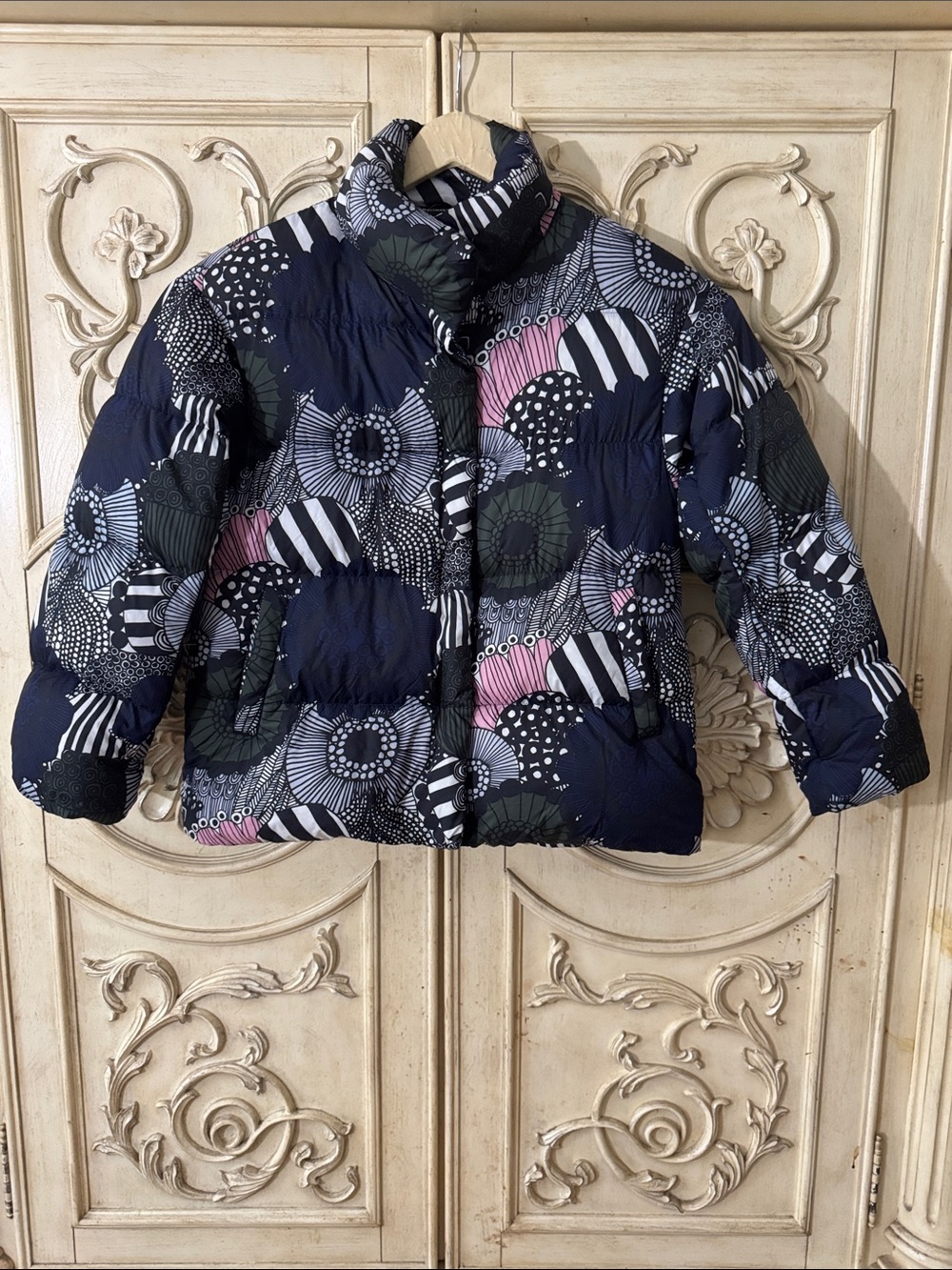 Marimekko X Uniqlo Ultra Light Womens Blue Down Parka Jacket XS UK 6-8 EU 34 A2